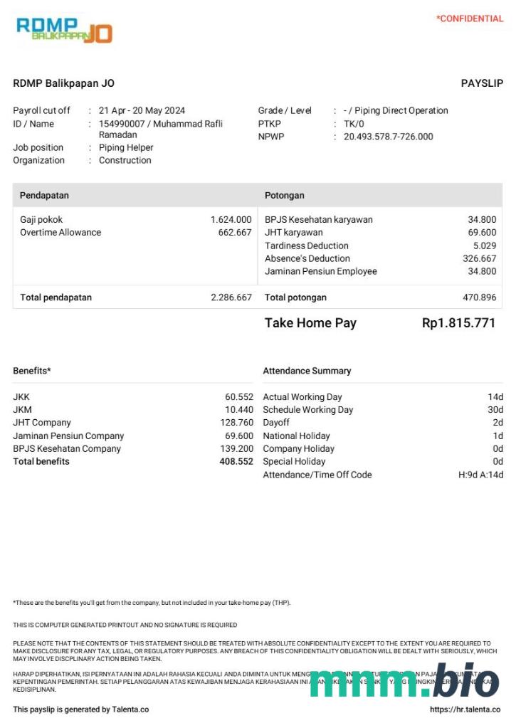 Szablon rdmp Balikpapan jo construction company payslip w formatach Word i PDF